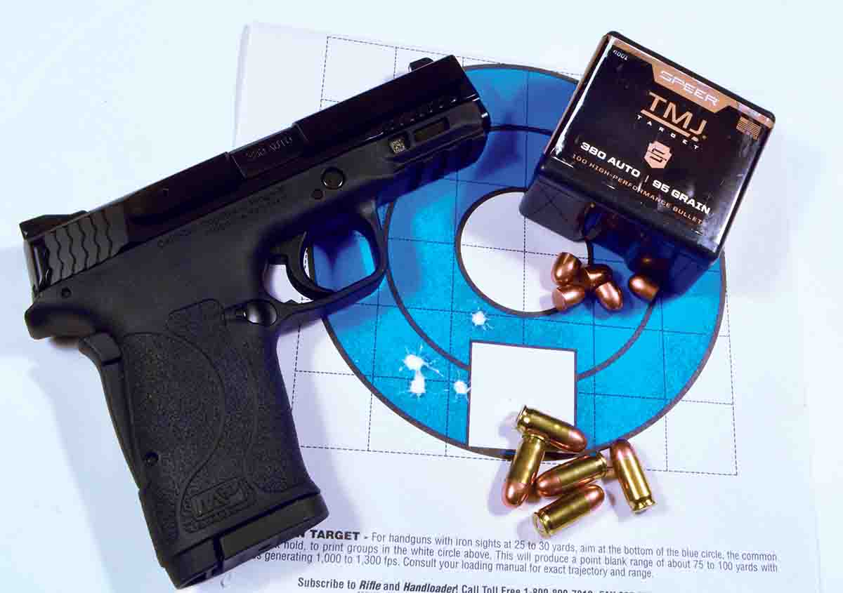Smith & Wesson’s Shield EZ delivered sterling performance and good accuracy. This group, combining Speer 95-grain TMJ bullets and W-572 powder, measures 1.28 inches.